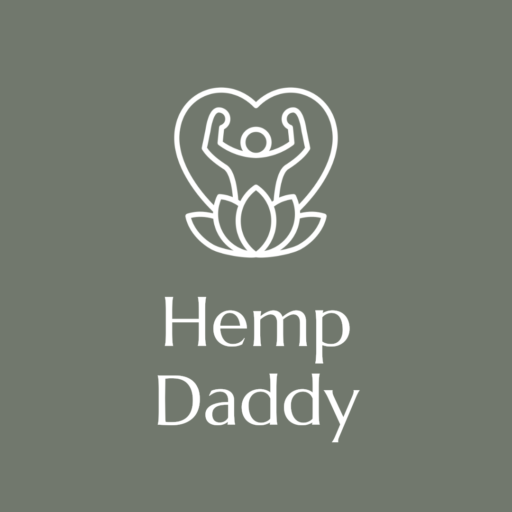 A white logo of a person with a heart and the words hemp daddy.